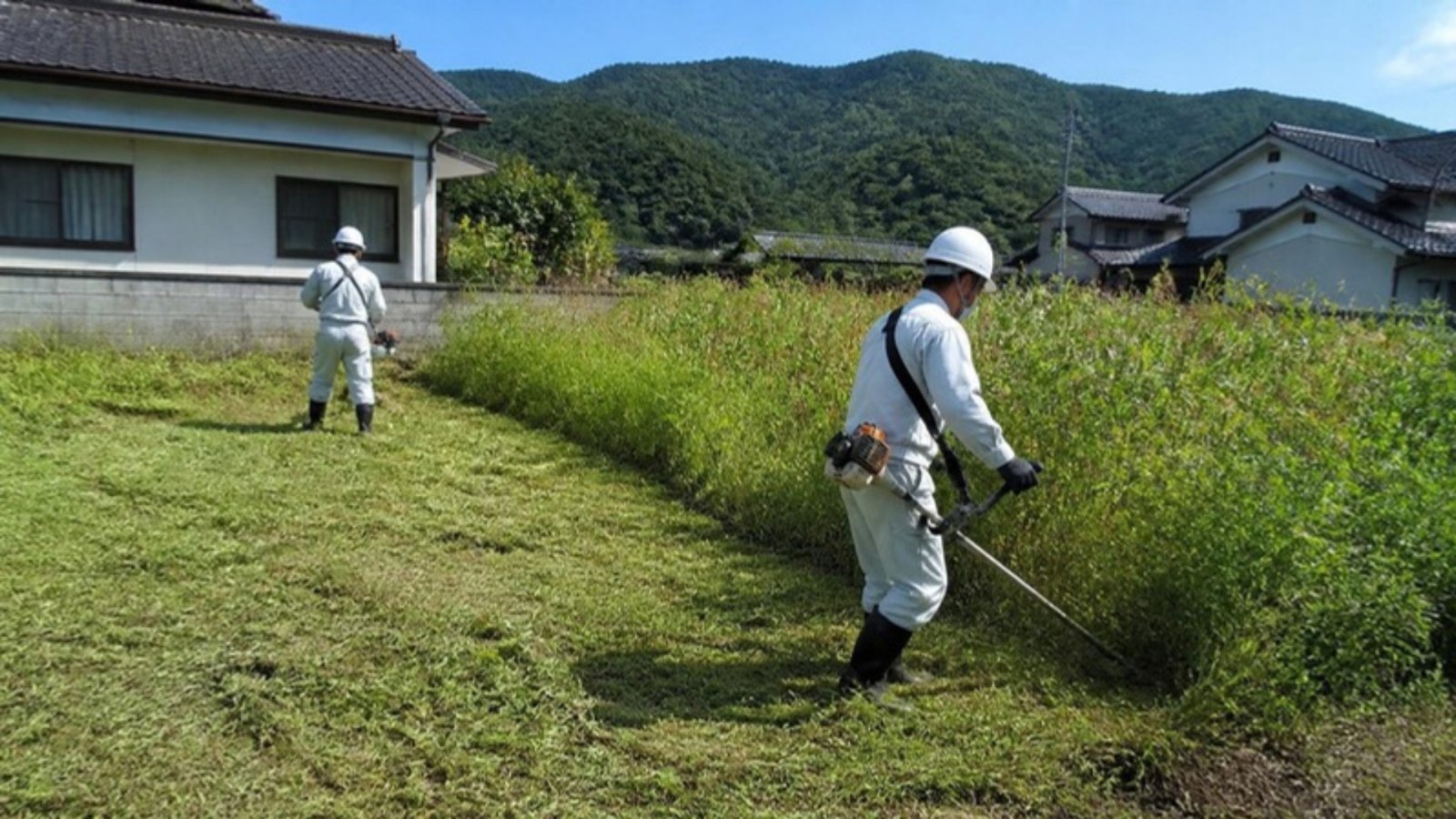 空き地の草刈りをする作業員